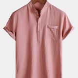 Solid Mandarin Collar Short Tab Short Sleeve Shirt