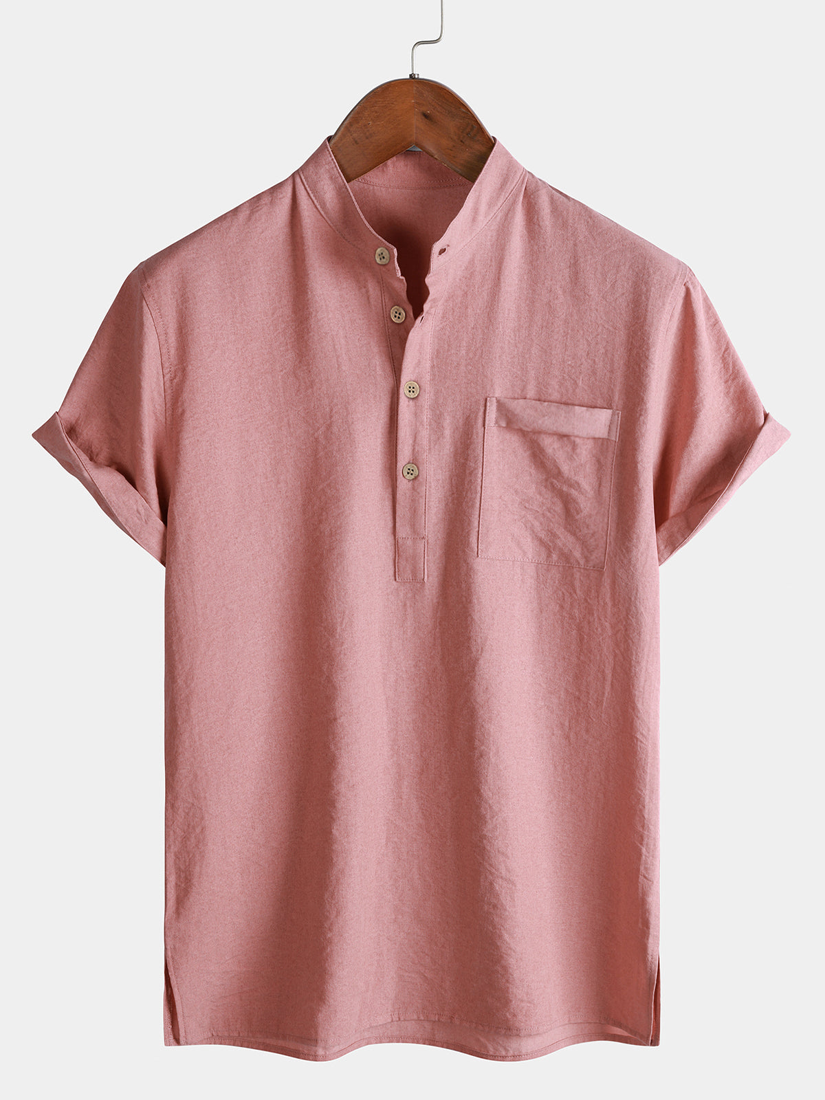 Solid Mandarin Collar Short Tab Short Sleeve Shirt