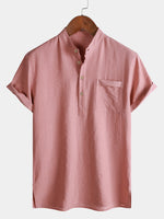 Solid Mandarin Collar Short Tab Short Sleeve Shirt
