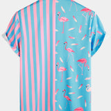 Striped Short-Sleeve Summer Shirt with Pockets and Pink Flamingo Pattern