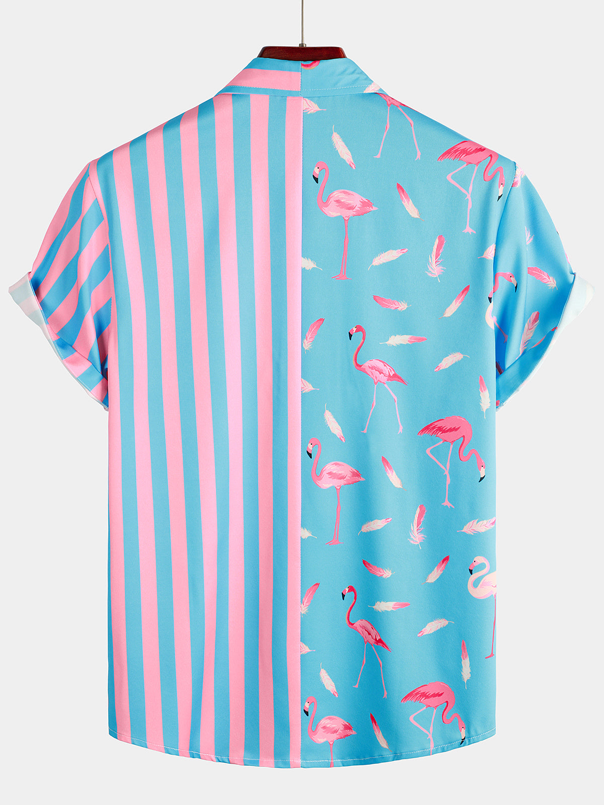 Striped Short-Sleeve Summer Shirt with Pockets and Pink Flamingo Pattern