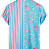 Short Sleeve Cotton Shirt with Flamingo and Stripe Pattern for Men