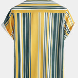 Casual Button-Up Retro Shirt, Short Sleeves, Yellow and Green, Vertical Stripe Pocket