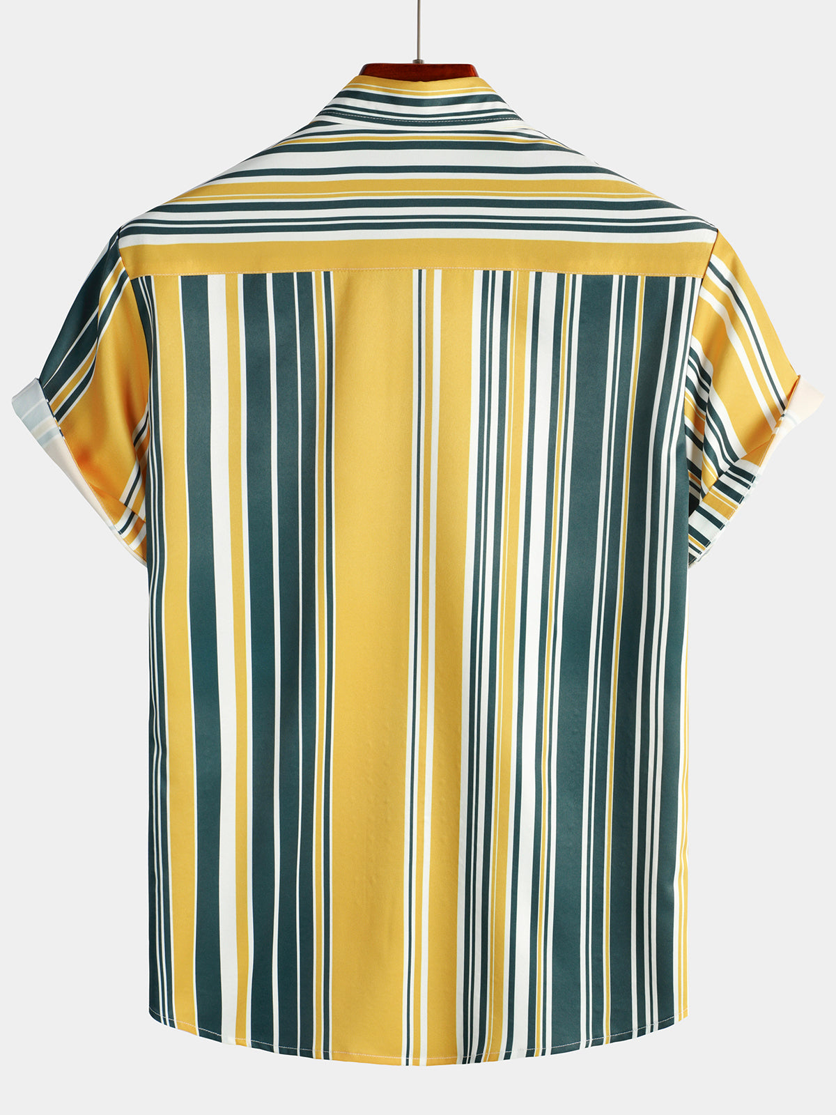 Casual Button-Up Retro Shirt, Short Sleeves, Yellow and Green, Vertical Stripe Pocket