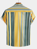 Casual Button-Up Retro Shirt, Short Sleeves, Yellow and Green, Vertical Stripe Pocket