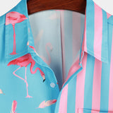 Striped Short-Sleeve Summer Shirt with Pockets and Pink Flamingo Pattern