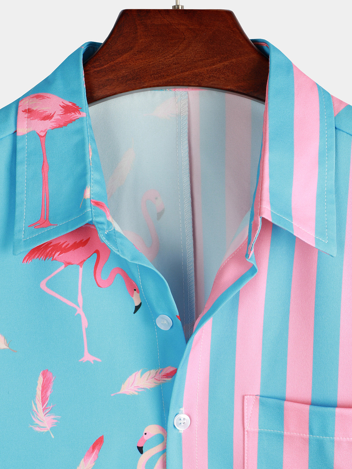 Striped Short-Sleeve Summer Shirt with Pockets and Pink Flamingo Pattern