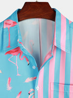 Striped Short-Sleeve Summer Shirt with Pockets and Pink Flamingo Pattern