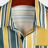 Casual Button-Up Retro Shirt, Short Sleeves, Yellow and Green, Vertical Stripe Pocket