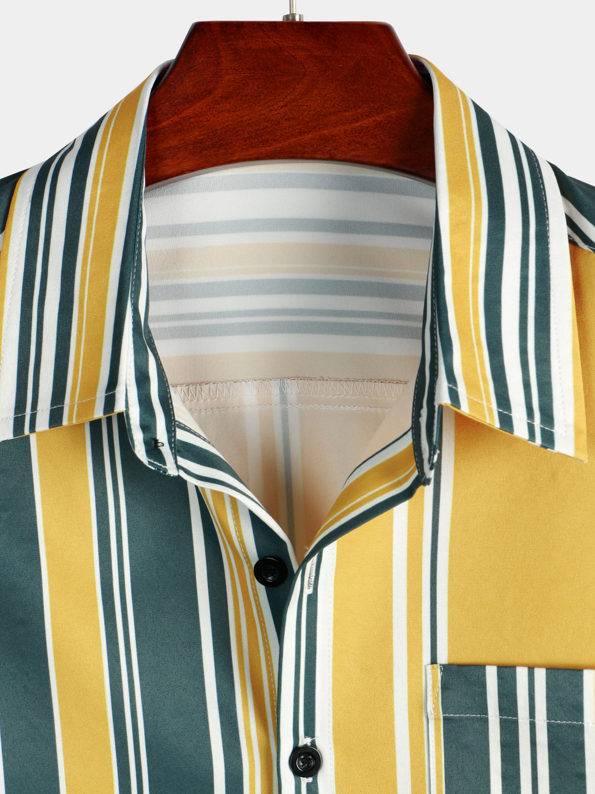 Casual Button-Up Retro Shirt, Short Sleeves, Yellow and Green, Vertical Stripe Pocket