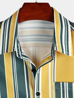 Casual Button-Up Retro Shirt, Short Sleeves, Yellow and Green, Vertical Stripe Pocket