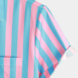 Striped Short-Sleeve Summer Shirt with Pockets and Pink Flamingo Pattern