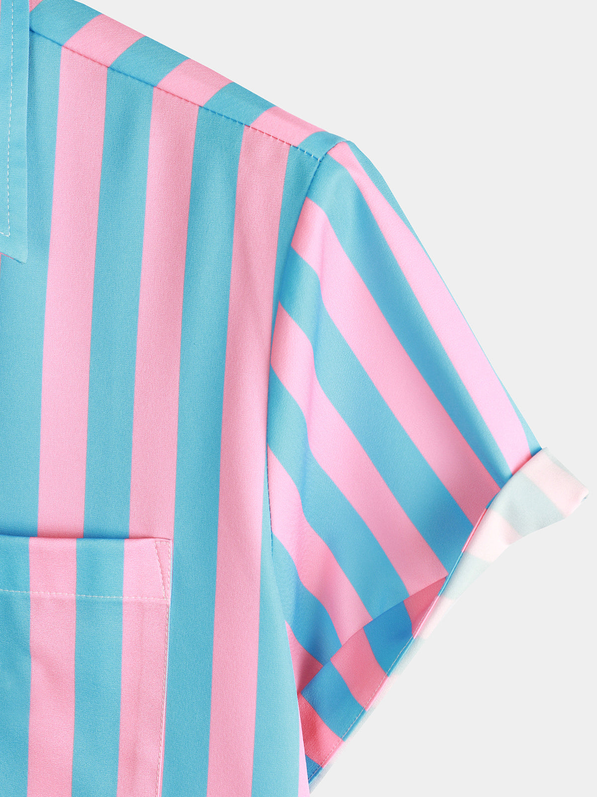 Striped Short-Sleeve Summer Shirt with Pockets and Pink Flamingo Pattern