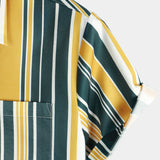 Casual Button-Up Retro Shirt, Short Sleeves, Yellow and Green, Vertical Stripe Pocket
