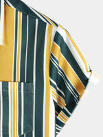 Casual Button-Up Retro Shirt, Short Sleeves, Yellow and Green, Vertical Stripe Pocket