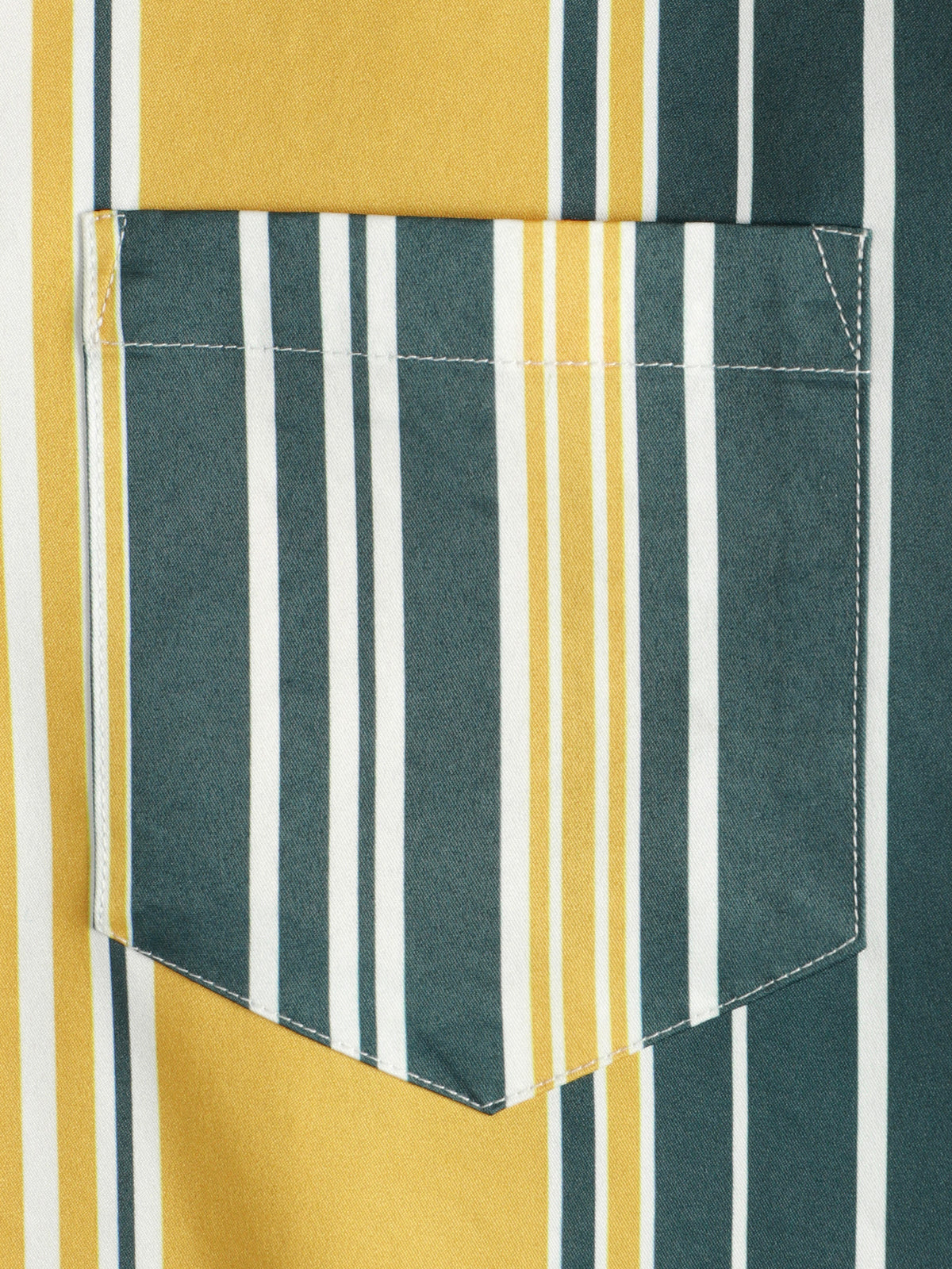 Casual Button-Up Retro Shirt, Short Sleeves, Yellow and Green, Vertical Stripe Pocket