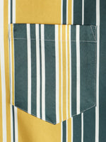 Casual Button-Up Retro Shirt, Short Sleeves, Yellow and Green, Vertical Stripe Pocket
