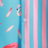 Striped Short-Sleeve Summer Shirt with Pockets and Pink Flamingo Pattern