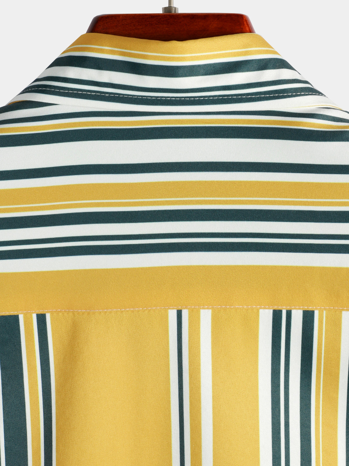 Casual Button-Up Retro Shirt, Short Sleeves, Yellow and Green, Vertical Stripe Pocket