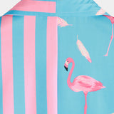 Striped Short-Sleeve Summer Shirt with Pockets and Pink Flamingo Pattern