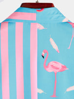 Striped Short-Sleeve Summer Shirt with Pockets and Pink Flamingo Pattern