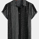 Black Button-Up Short Sleeve Retro Shirt with Stripes and Dots