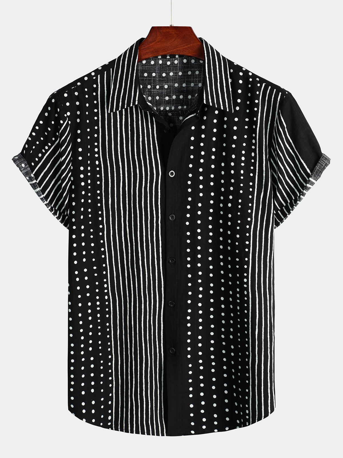 Black Button-Up Short Sleeve Retro Shirt with Stripes and Dots