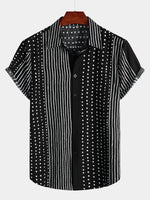 Black Button-Up Short Sleeve Retro Shirt with Stripes and Dots