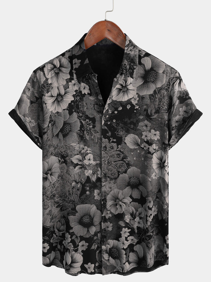 Hawaiian Short-Sleeve Button Shirt, Vintage Style, Floral Motif, for Summer Vacation