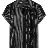 Men's Retro Black Cotton Shirt in Stripes and Dots, with Buttons and Short Sleeve