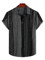 Men's Retro Black Cotton Shirt in Stripes and Dots, with Buttons and Short Sleeve