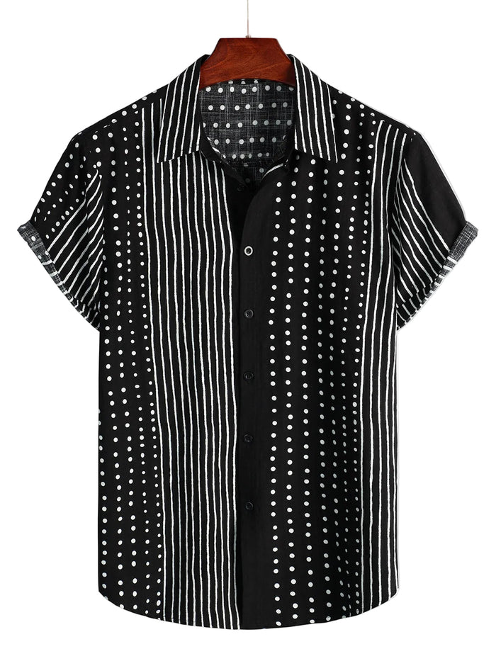 Men's Retro Black Cotton Shirt in Stripes and Dots, with Buttons and Short Sleeve