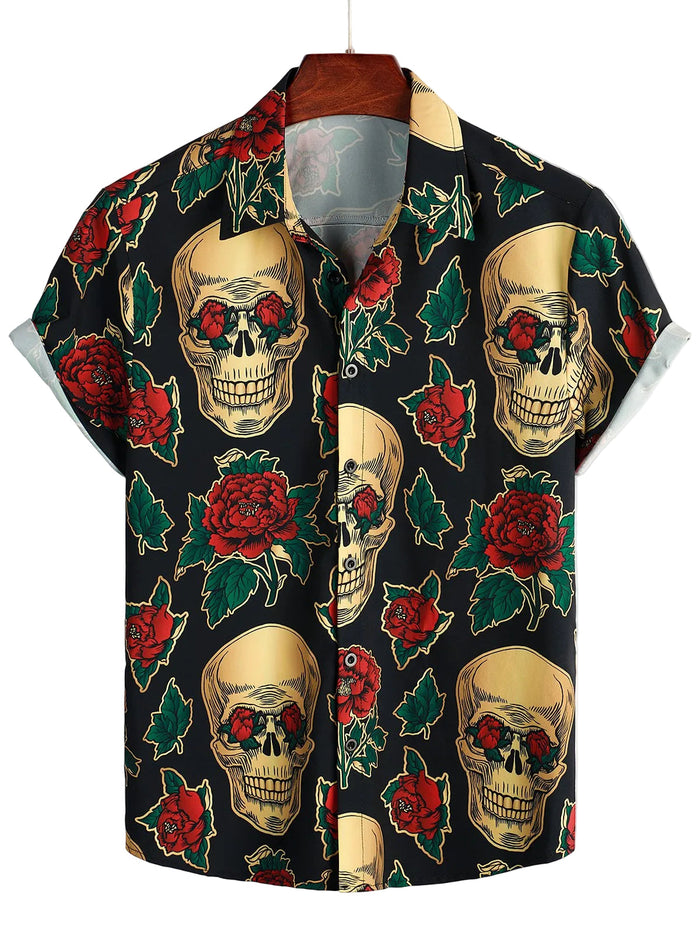 Short Sleeve Cotton Shirt with Skull and Rose Pattern for Men