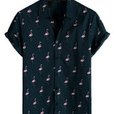 Cotton Casual Hawaiian Style Shirt for Men with Short Sleeves and Tropical Flamingo Buttons