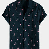 Casual Short-Sleeve Hawaiian Shirt with Pink Flamingo Pattern