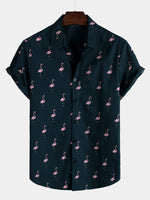Casual Short-Sleeve Hawaiian Shirt with Pink Flamingo Pattern