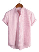 Men's Cotton Shirt with High Collar in Solid Color and Short Sleeve in Classic Vertical Stripes