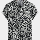 Casual Shirt, Short Sleeves, White Leopard Cheetah Rock Print