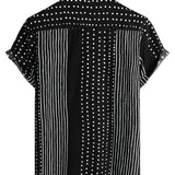 Men's Retro Black Cotton Shirt in Stripes and Dots, with Buttons and Short Sleeve