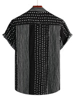 Men's Retro Black Cotton Shirt in Stripes and Dots, with Buttons and Short Sleeve