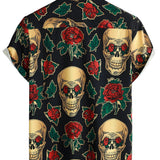 Short Sleeve Cotton Shirt with Skull and Rose Pattern for Men