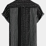 Black Button-Up Short Sleeve Retro Shirt with Stripes and Dots