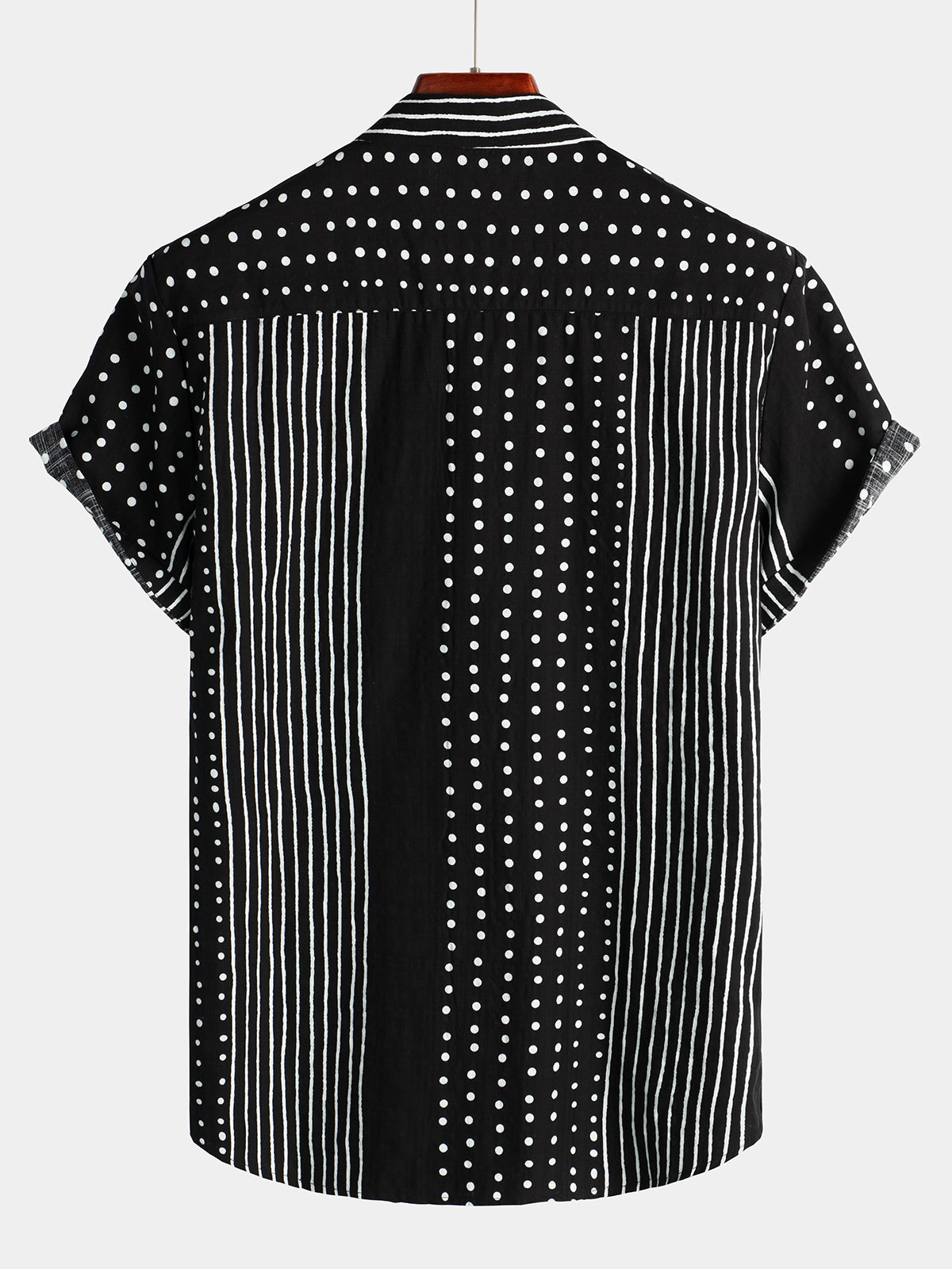 Black Button-Up Short Sleeve Retro Shirt with Stripes and Dots
