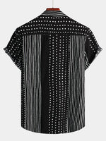 Black Button-Up Short Sleeve Retro Shirt with Stripes and Dots