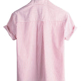 Men's Cotton Shirt with High Collar in Solid Color and Short Sleeve in Classic Vertical Stripes