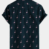 Casual Short-Sleeve Hawaiian Shirt with Pink Flamingo Pattern