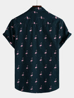 Casual Short-Sleeve Hawaiian Shirt with Pink Flamingo Pattern