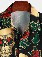 Short Sleeve Cotton Shirt with Skull and Rose Pattern for Men