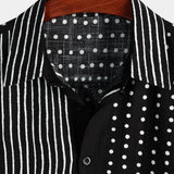 Black Button-Up Short Sleeve Retro Shirt with Stripes and Dots