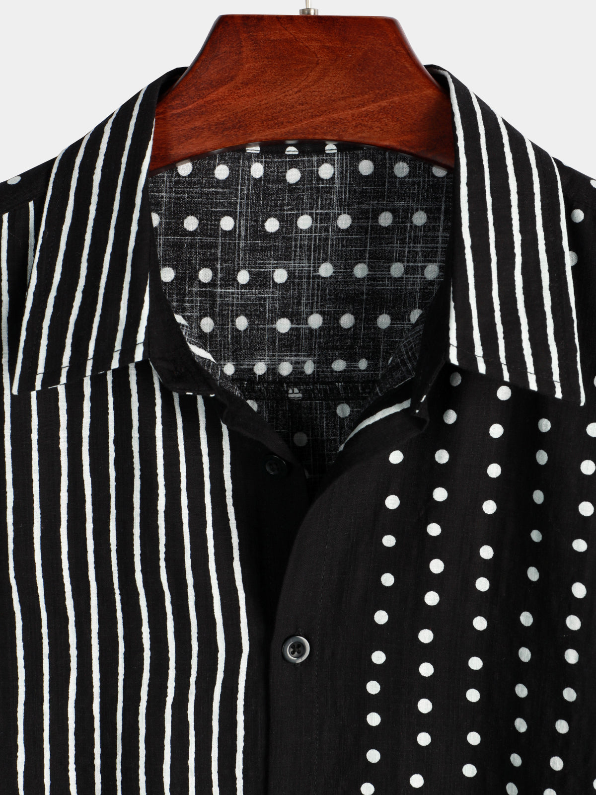 Black Button-Up Short Sleeve Retro Shirt with Stripes and Dots